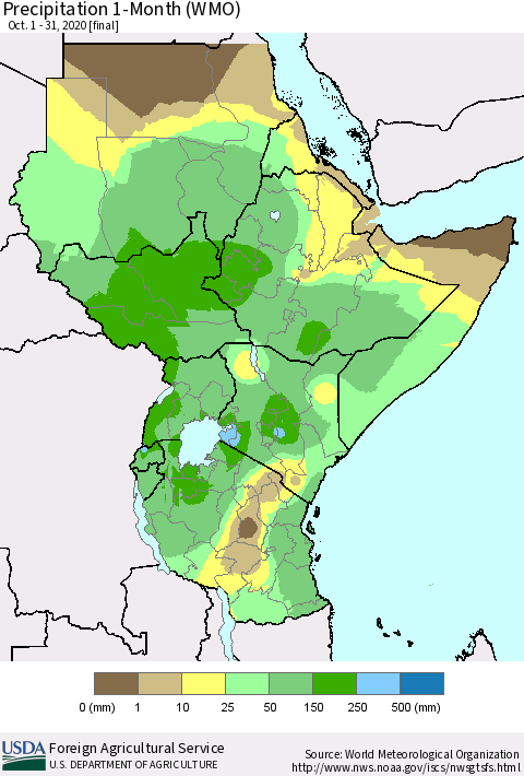 Eastern Africa Precipitation 1-Month (WMO) Thematic Map For 10/1/2020 - 10/31/2020