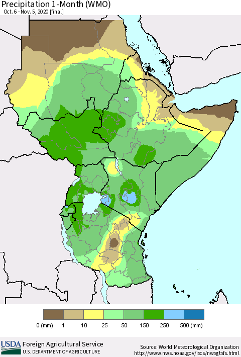 Eastern Africa Precipitation 1-Month (WMO) Thematic Map For 10/6/2020 - 11/5/2020