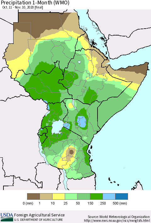 Eastern Africa Precipitation 1-Month (WMO) Thematic Map For 10/11/2020 - 11/10/2020