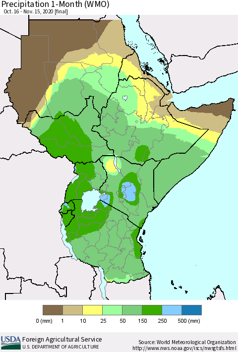 Eastern Africa Precipitation 1-Month (WMO) Thematic Map For 10/16/2020 - 11/15/2020
