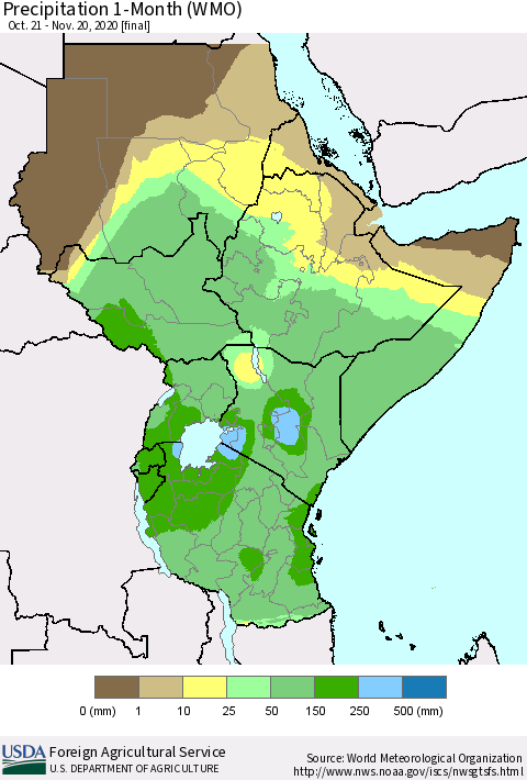 Eastern Africa Precipitation 1-Month (WMO) Thematic Map For 10/21/2020 - 11/20/2020