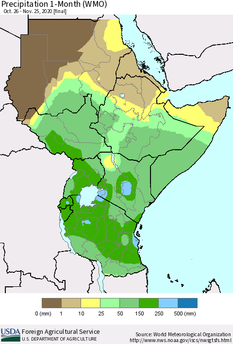 Eastern Africa Precipitation 1-Month (WMO) Thematic Map For 10/26/2020 - 11/25/2020