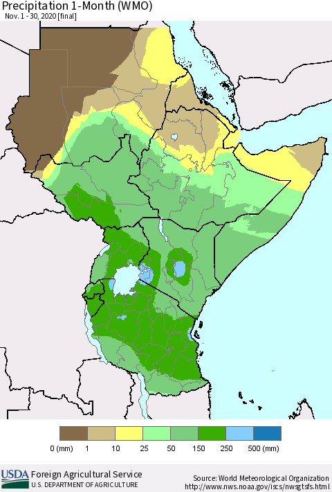 Eastern Africa Precipitation 1-Month (WMO) Thematic Map For 11/1/2020 - 11/30/2020