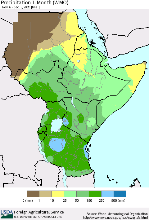 Eastern Africa Precipitation 1-Month (WMO) Thematic Map For 11/6/2020 - 12/5/2020