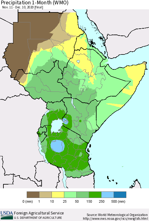Eastern Africa Precipitation 1-Month (WMO) Thematic Map For 11/11/2020 - 12/10/2020
