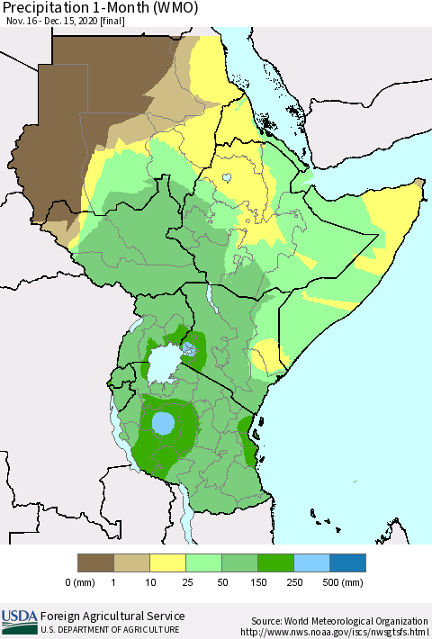 Eastern Africa Precipitation 1-Month (WMO) Thematic Map For 11/16/2020 - 12/15/2020