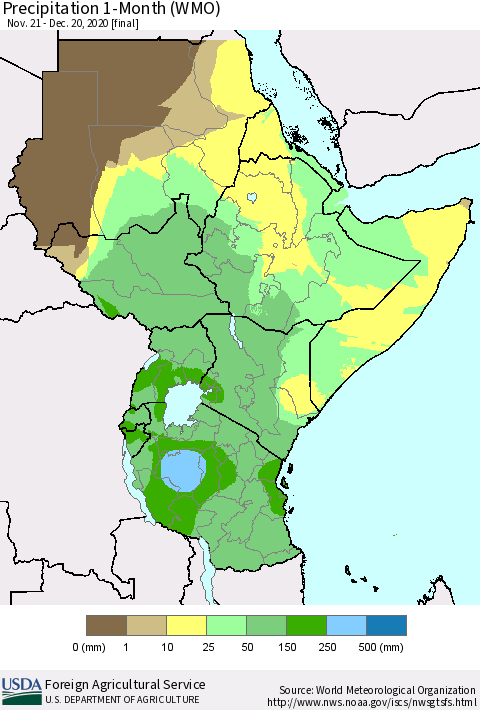 Eastern Africa Precipitation 1-Month (WMO) Thematic Map For 11/21/2020 - 12/20/2020