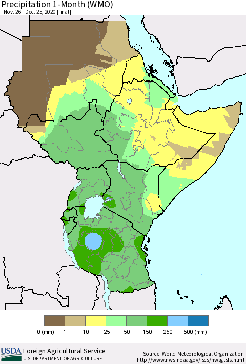 Eastern Africa Precipitation 1-Month (WMO) Thematic Map For 11/26/2020 - 12/25/2020