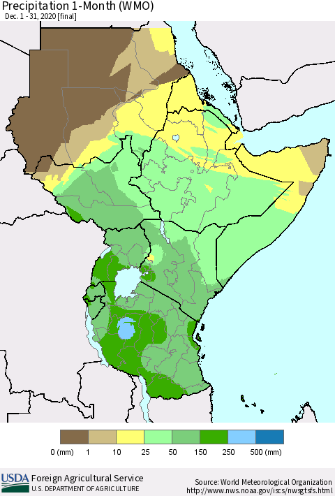Eastern Africa Precipitation 1-Month (WMO) Thematic Map For 12/1/2020 - 12/31/2020