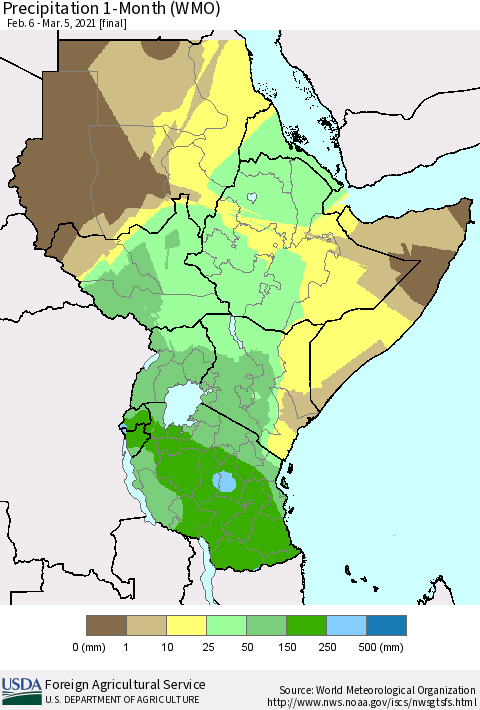 Eastern Africa Precipitation 1-Month (WMO) Thematic Map For 2/6/2021 - 3/5/2021
