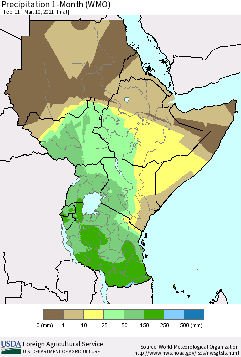 Eastern Africa Precipitation 1-Month (WMO) Thematic Map For 2/11/2021 - 3/10/2021
