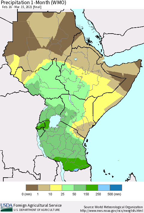 Eastern Africa Precipitation 1-Month (WMO) Thematic Map For 2/16/2021 - 3/15/2021