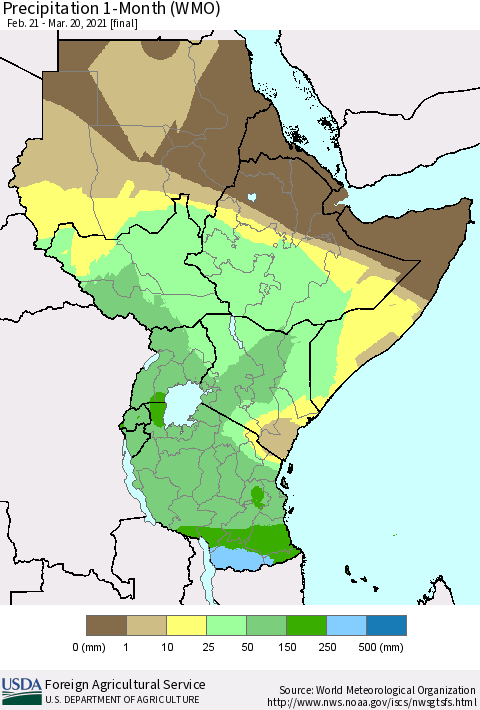 Eastern Africa Precipitation 1-Month (WMO) Thematic Map For 2/21/2021 - 3/20/2021