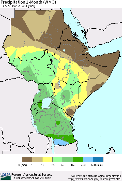 Eastern Africa Precipitation 1-Month (WMO) Thematic Map For 2/26/2021 - 3/25/2021