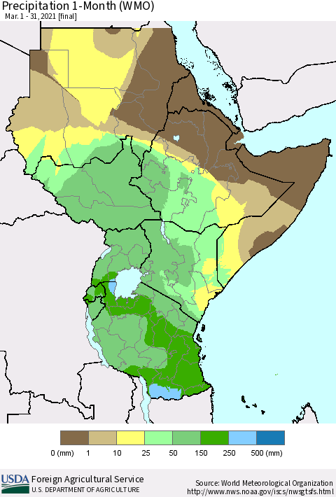 Eastern Africa Precipitation 1-Month (WMO) Thematic Map For 3/1/2021 - 3/31/2021