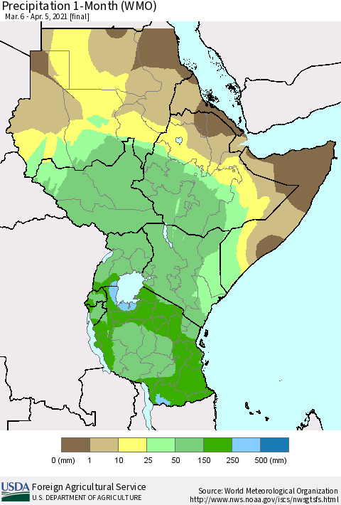 Eastern Africa Precipitation 1-Month (WMO) Thematic Map For 3/6/2021 - 4/5/2021