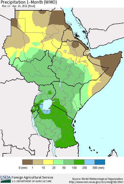 Eastern Africa Precipitation 1-Month (WMO) Thematic Map For 3/11/2021 - 4/10/2021
