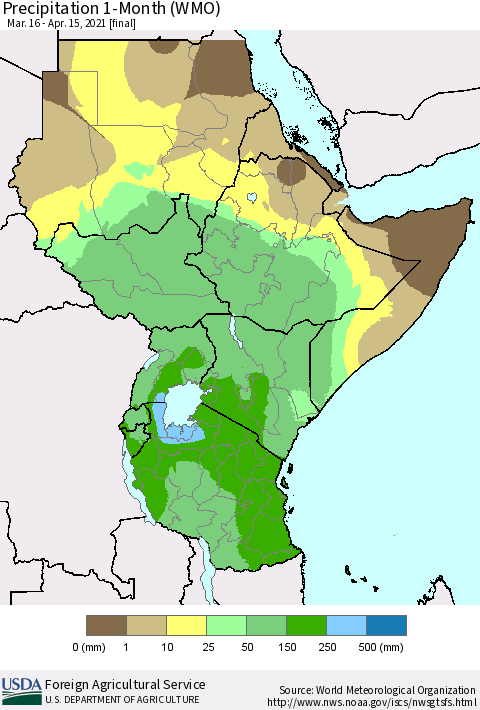 Eastern Africa Precipitation 1-Month (WMO) Thematic Map For 3/16/2021 - 4/15/2021