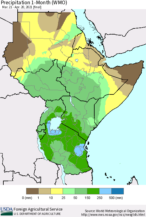 Eastern Africa Precipitation 1-Month (WMO) Thematic Map For 3/21/2021 - 4/20/2021