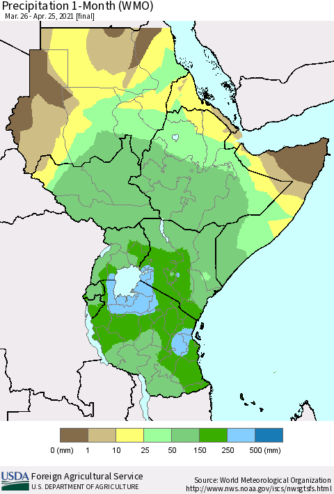 Eastern Africa Precipitation 1-Month (WMO) Thematic Map For 3/26/2021 - 4/25/2021