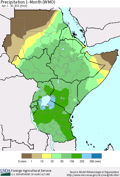 Eastern Africa Precipitation 1-Month (WMO) Thematic Map For 4/1/2021 - 4/30/2021