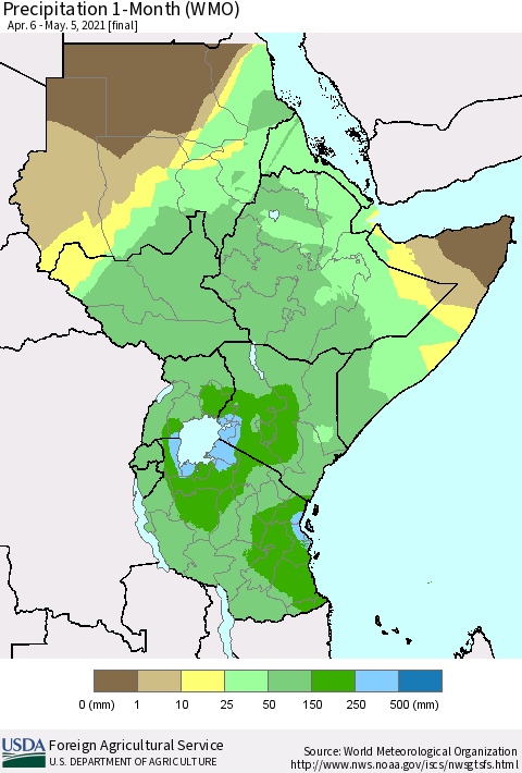 Eastern Africa Precipitation 1-Month (WMO) Thematic Map For 4/6/2021 - 5/5/2021