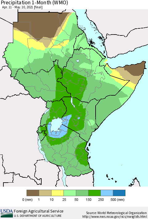 Eastern Africa Precipitation 1-Month (WMO) Thematic Map For 4/11/2021 - 5/10/2021