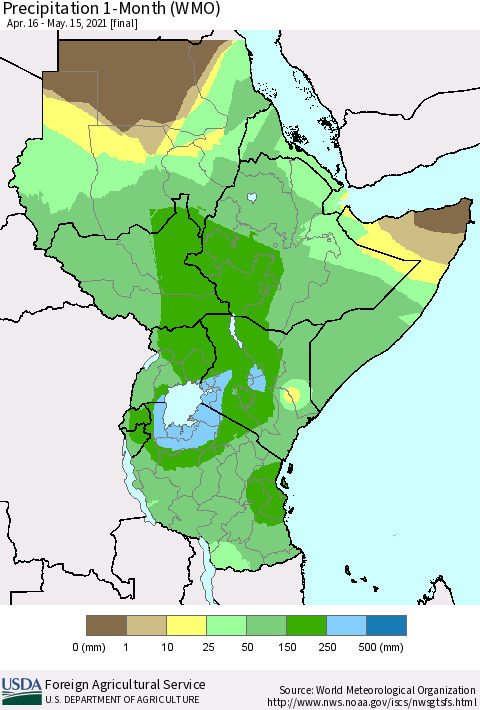 Eastern Africa Precipitation 1-Month (WMO) Thematic Map For 4/16/2021 - 5/15/2021