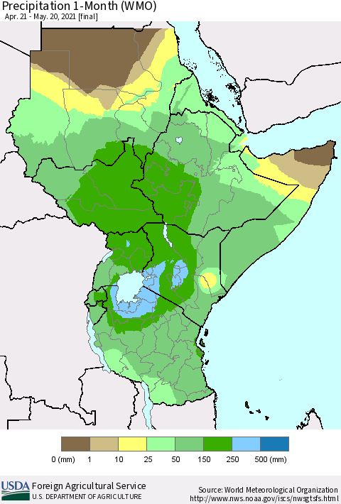 Eastern Africa Precipitation 1-Month (WMO) Thematic Map For 4/21/2021 - 5/20/2021