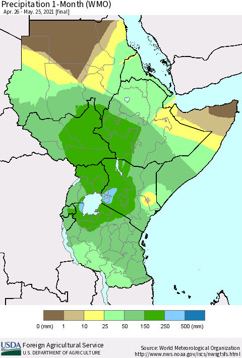 Eastern Africa Precipitation 1-Month (WMO) Thematic Map For 4/26/2021 - 5/25/2021