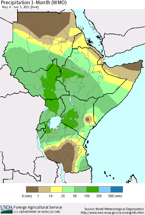 Eastern Africa Precipitation 1-Month (WMO) Thematic Map For 5/6/2021 - 6/5/2021