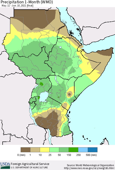 Eastern Africa Precipitation 1-Month (WMO) Thematic Map For 5/11/2021 - 6/10/2021