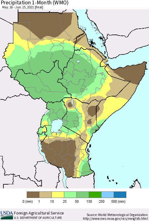 Eastern Africa Precipitation 1-Month (WMO) Thematic Map For 5/16/2021 - 6/15/2021