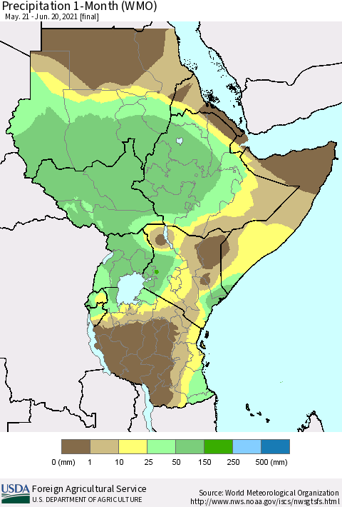 Eastern Africa Precipitation 1-Month (WMO) Thematic Map For 5/21/2021 - 6/20/2021