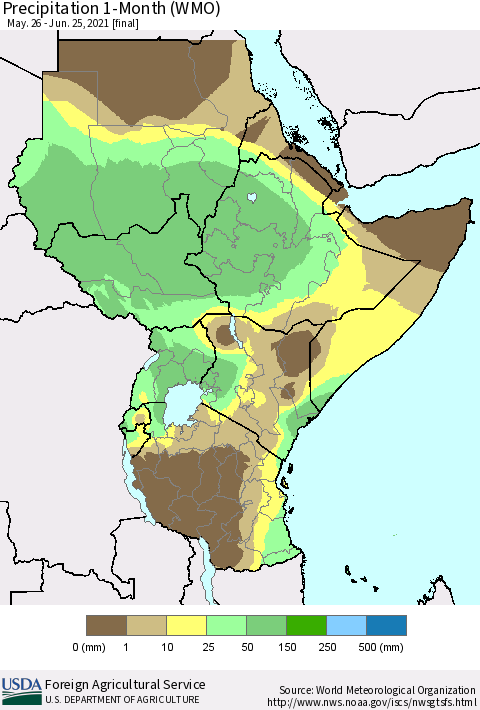 Eastern Africa Precipitation 1-Month (WMO) Thematic Map For 5/26/2021 - 6/25/2021