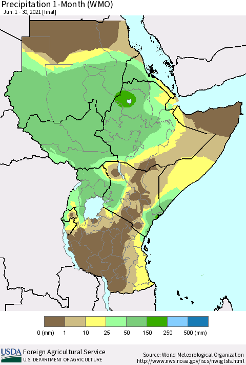 Eastern Africa Precipitation 1-Month (WMO) Thematic Map For 6/1/2021 - 6/30/2021