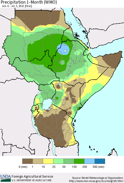 Eastern Africa Precipitation 1-Month (WMO) Thematic Map For 6/6/2021 - 7/5/2021