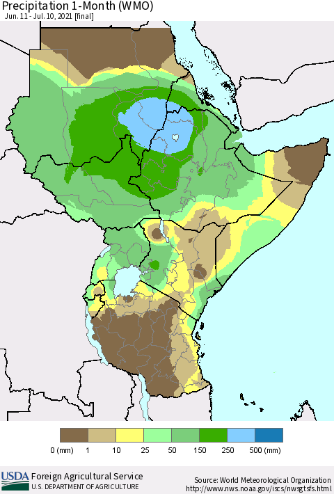 Eastern Africa Precipitation 1-Month (WMO) Thematic Map For 6/11/2021 - 7/10/2021
