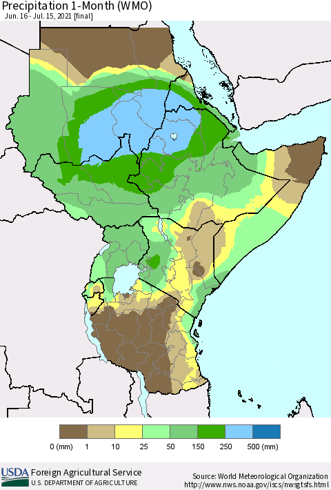 Eastern Africa Precipitation 1-Month (WMO) Thematic Map For 6/16/2021 - 7/15/2021