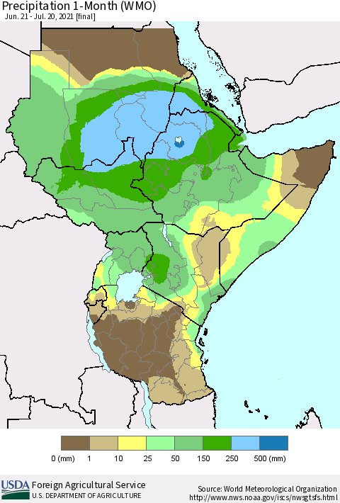 Eastern Africa Precipitation 1-Month (WMO) Thematic Map For 6/21/2021 - 7/20/2021