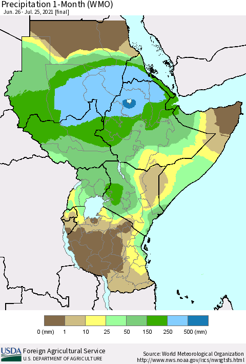 Eastern Africa Precipitation 1-Month (WMO) Thematic Map For 6/26/2021 - 7/25/2021