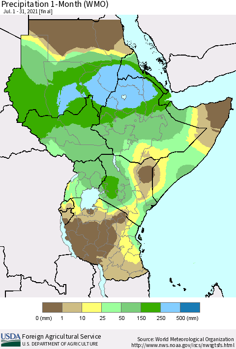 Eastern Africa Precipitation 1-Month (WMO) Thematic Map For 7/1/2021 - 7/31/2021