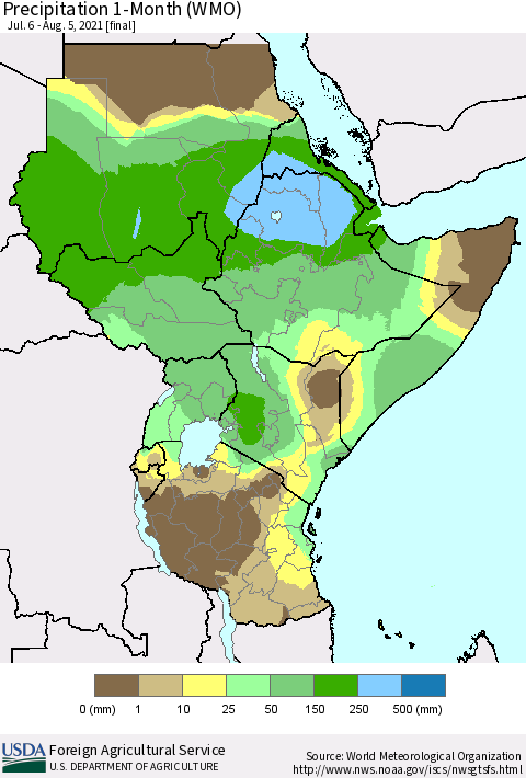 Eastern Africa Precipitation 1-Month (WMO) Thematic Map For 7/6/2021 - 8/5/2021