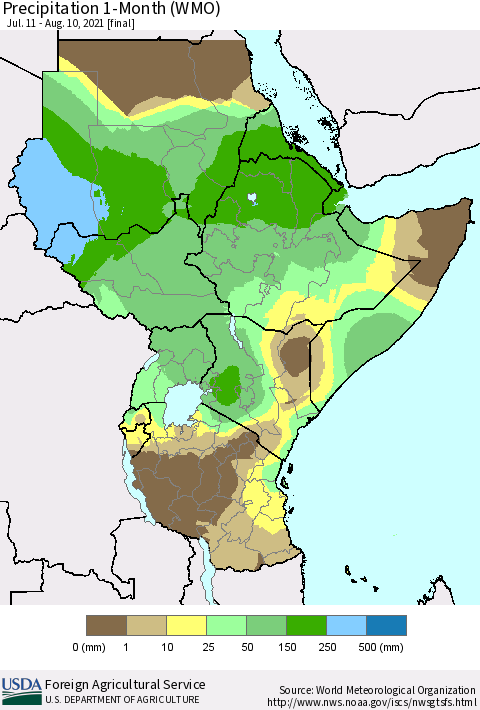 Eastern Africa Precipitation 1-Month (WMO) Thematic Map For 7/11/2021 - 8/10/2021