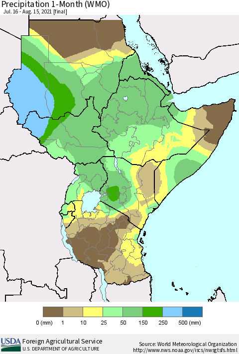Eastern Africa Precipitation 1-Month (WMO) Thematic Map For 7/16/2021 - 8/15/2021