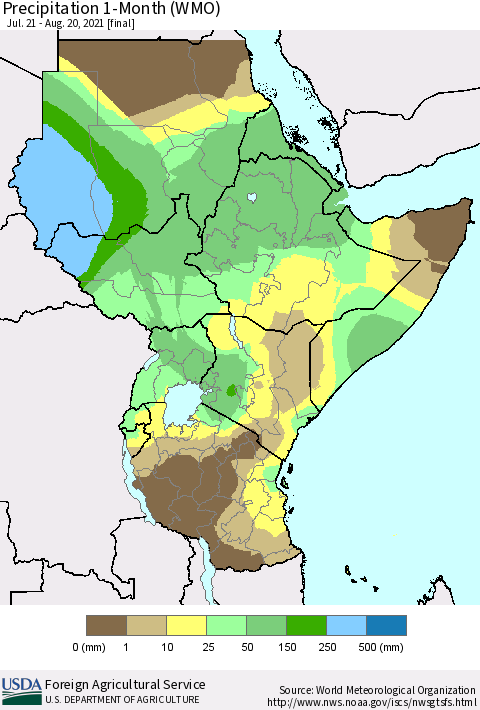 Eastern Africa Precipitation 1-Month (WMO) Thematic Map For 7/21/2021 - 8/20/2021