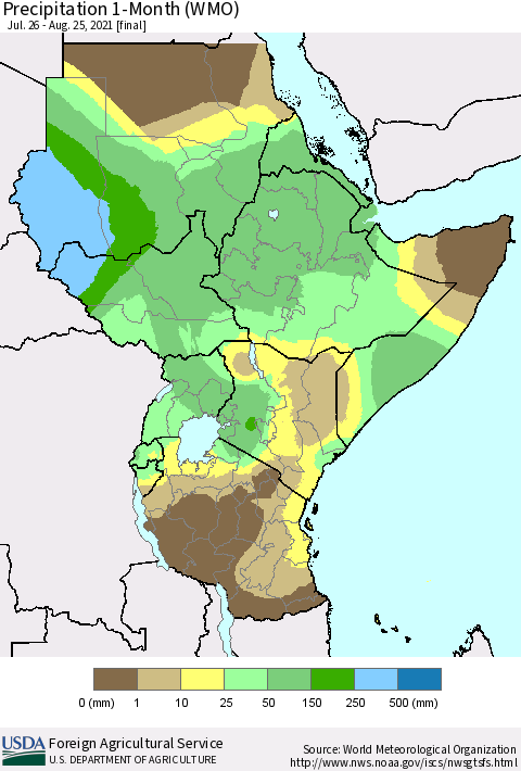 Eastern Africa Precipitation 1-Month (WMO) Thematic Map For 7/26/2021 - 8/25/2021