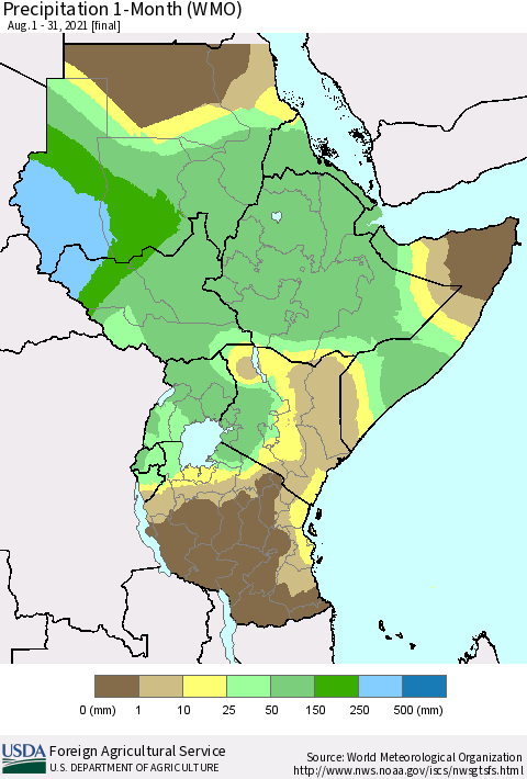 Eastern Africa Precipitation 1-Month (WMO) Thematic Map For 8/1/2021 - 8/31/2021