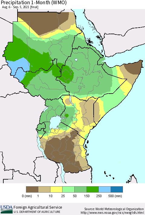 Eastern Africa Precipitation 1-Month (WMO) Thematic Map For 8/6/2021 - 9/5/2021