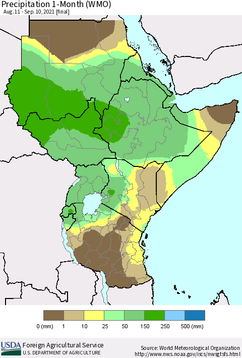 Eastern Africa Precipitation 1-Month (WMO) Thematic Map For 8/11/2021 - 9/10/2021